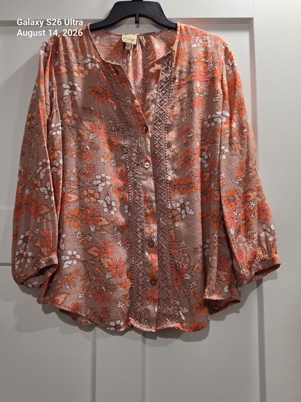 Como Vintage Coral Pink Floral Button-Front Blouse